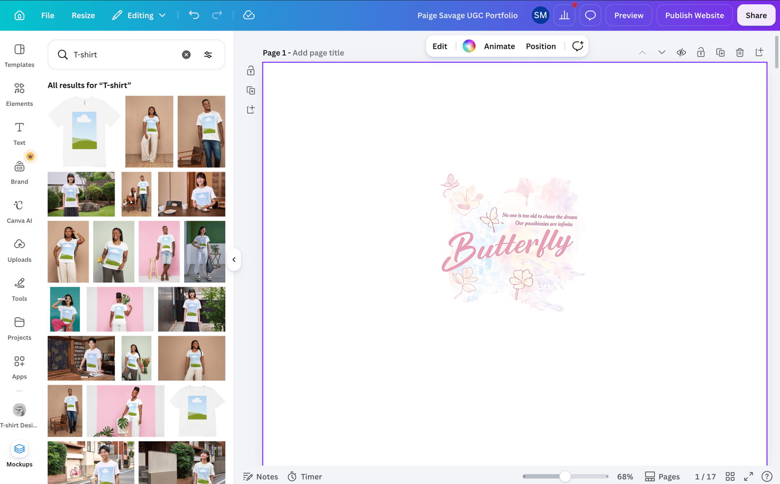 Canva editor showing T-shirt mockup templates and the uploaded butterfly artwork