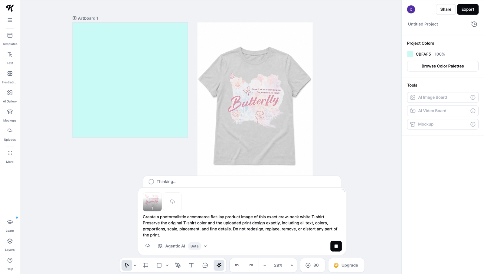 Kittl agent workspace showing the butterfly T-shirt mockup and generation prompt