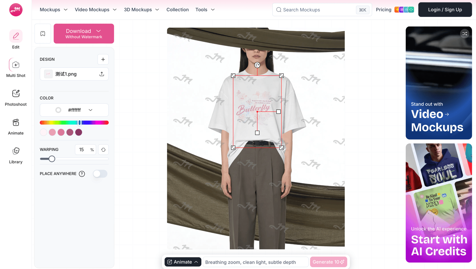 Mockey AI editor showing print placement, garment color, and warping controls