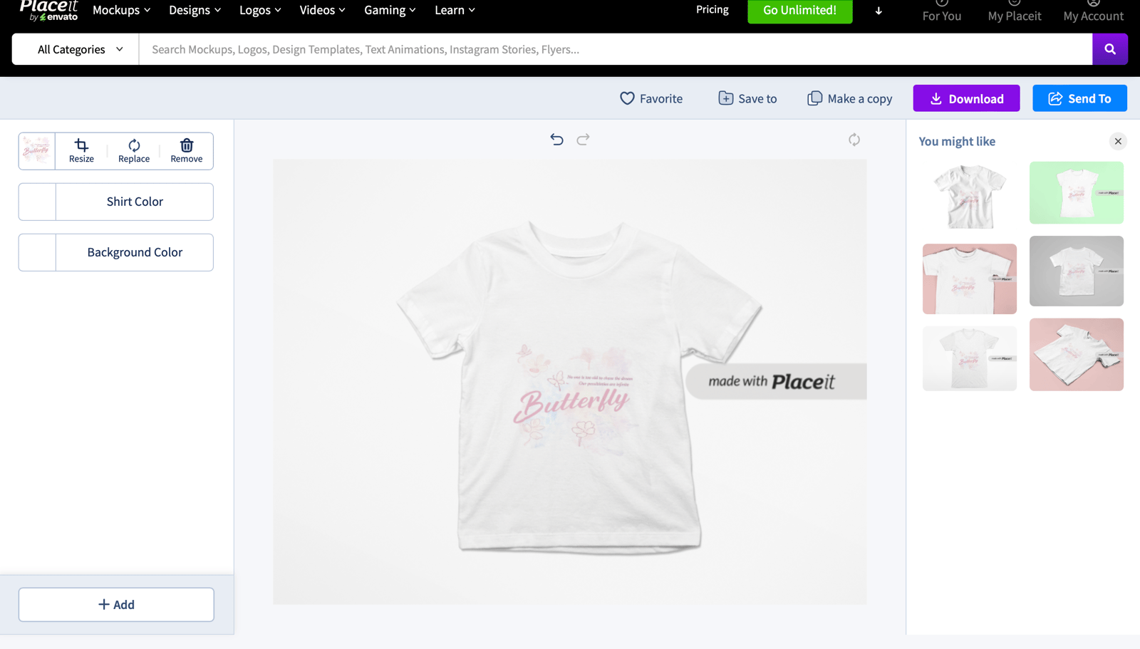 Placeit mockup editor showing the butterfly print and shirt color controls
