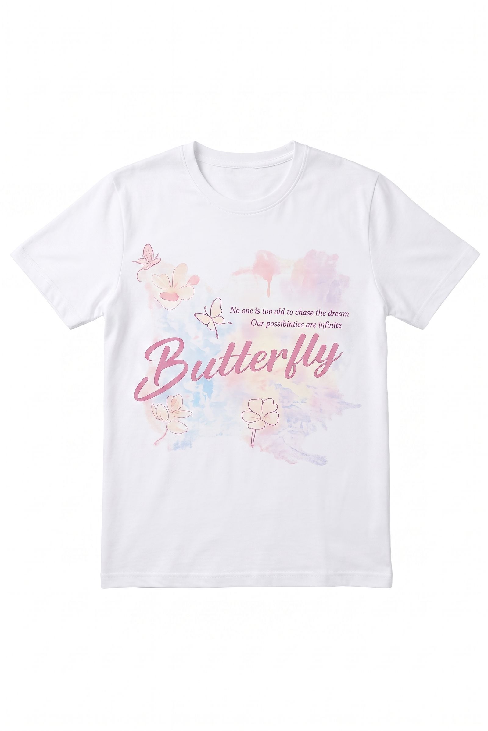 White T-shirt product view generated by Snappyit from the butterfly print