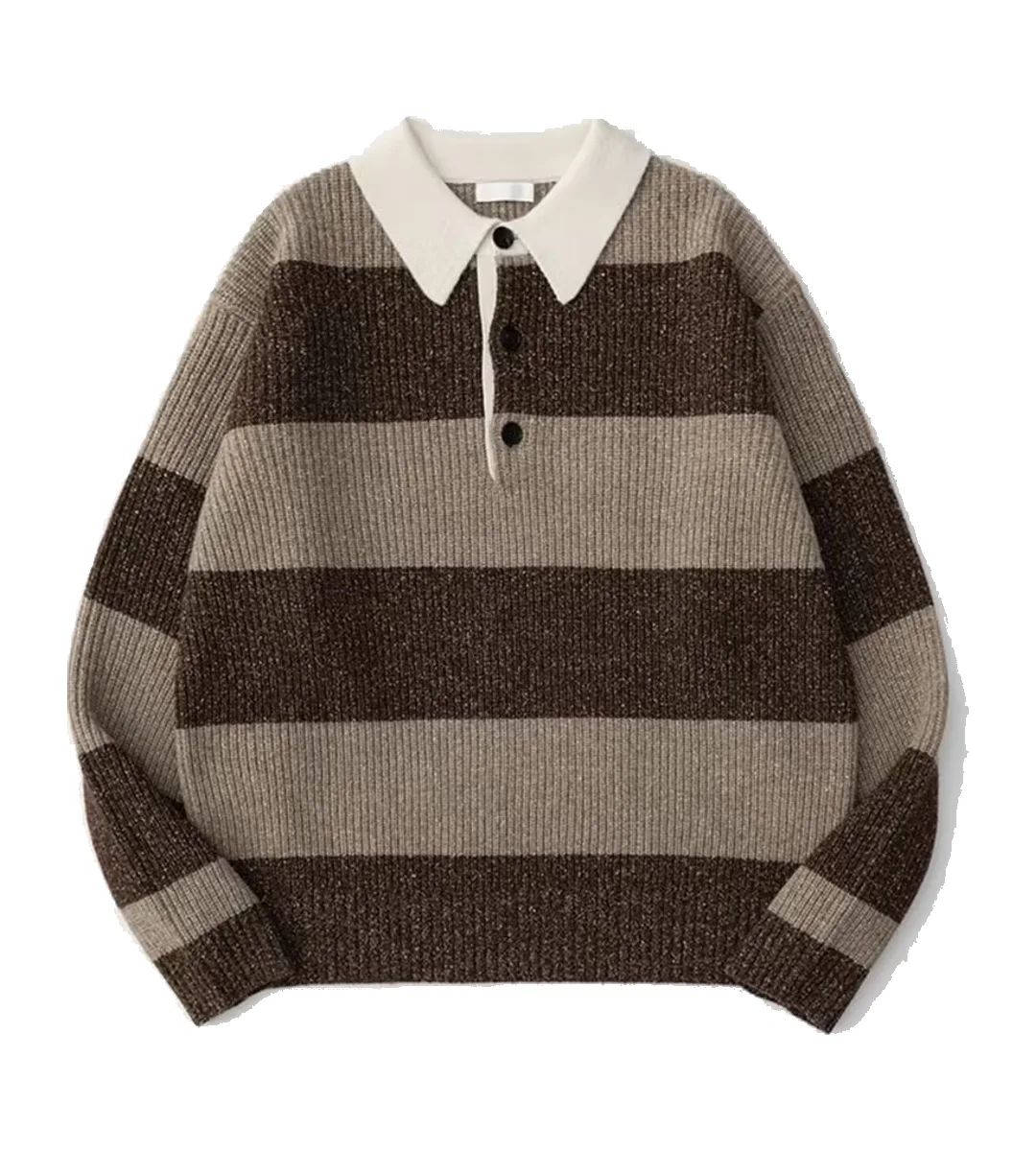 Striped chunky knit polo sweater photographed flat