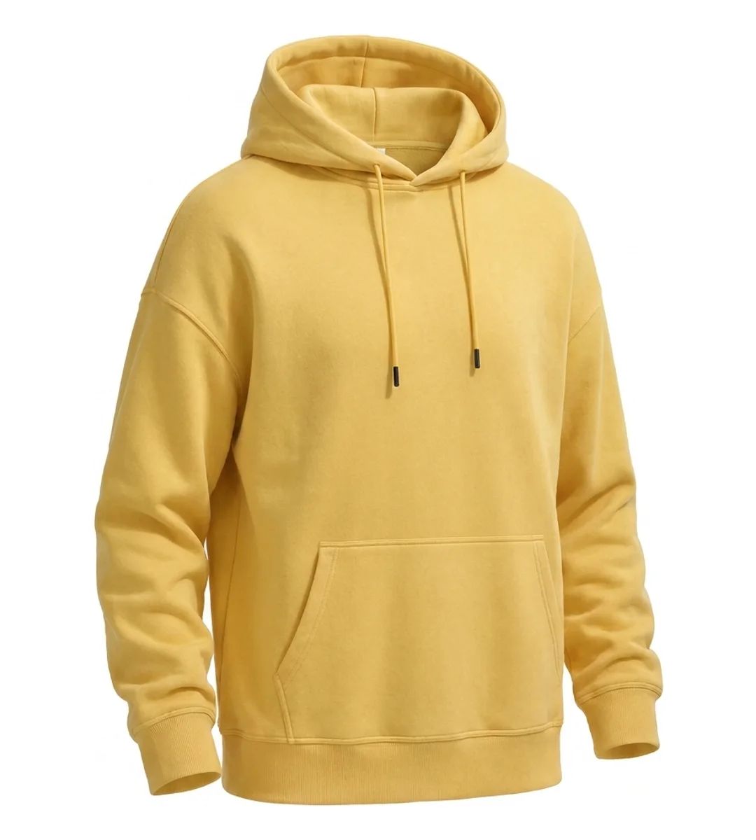 Yellow hoodie generated as a three-quarter ghost mannequin image