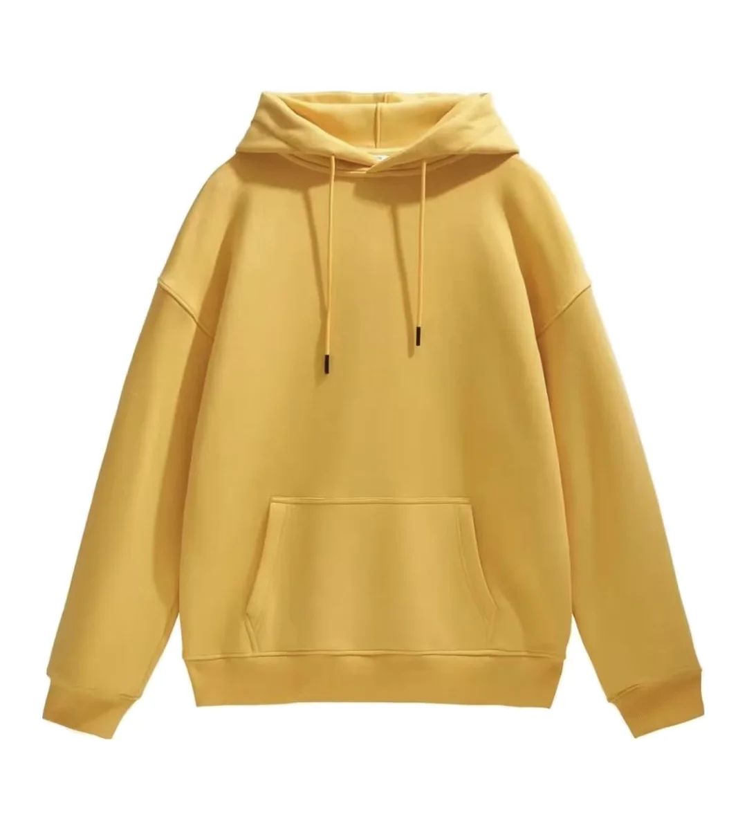 Yellow hoodie photographed as a straight-on flat lay