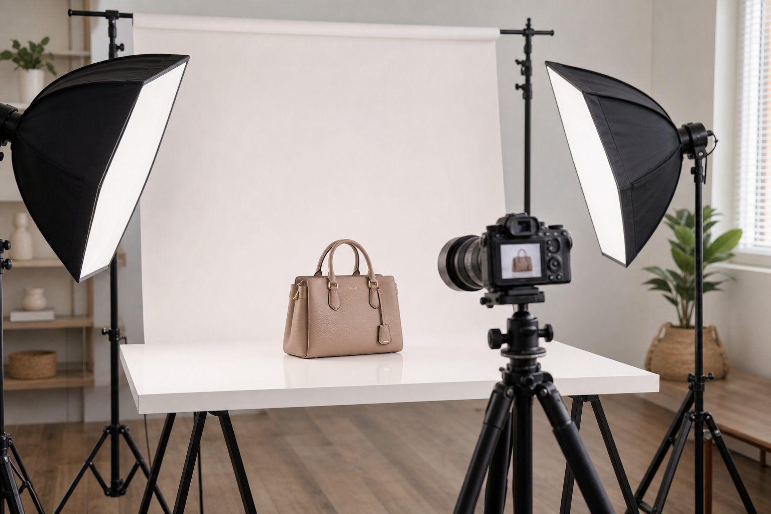 Product photography studio with controlled lighting and a white backdrop