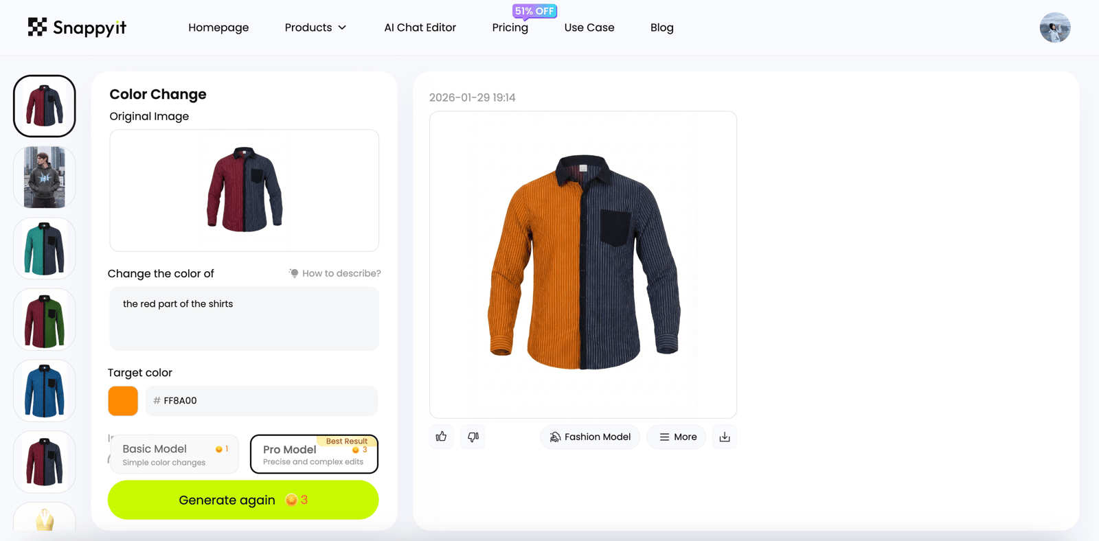 Interface Snappyit AI Color Change – caixa de descrição de área em linguagem natural, seletor de cores hexadecimal/nomeado, mudança de cor do produto com um clique e painel de visualização fotorrealista