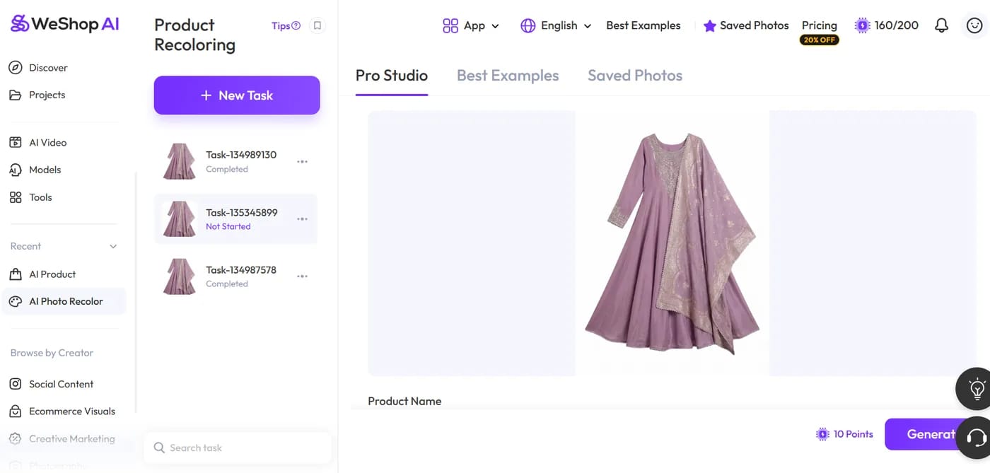 WeShop AI Product Recoloring workspace — task list with completed and not-started jobs, the uploaded lavender dress in Pro Studio, and a Generate button priced at 10 points with a 160 of 200 points balance