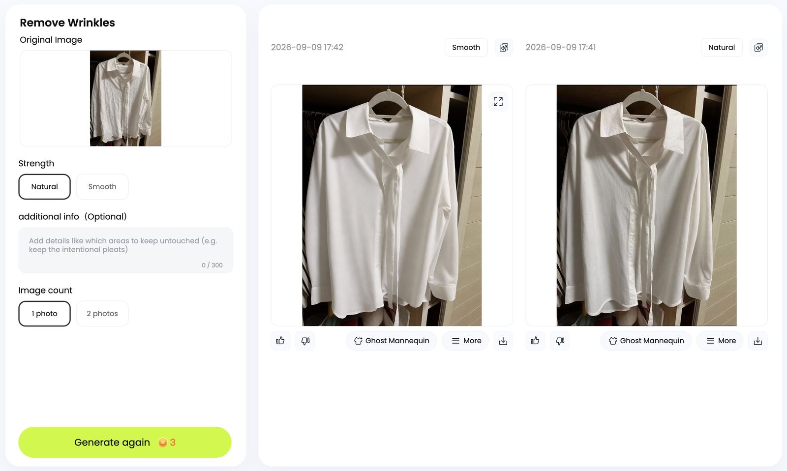 Snappyit Remove Wrinkles interface showing Original Image, Natural and Smooth strengths, optional instructions, image count, and result downloads