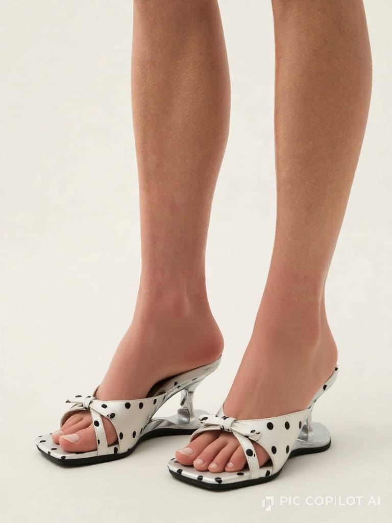 The polka-dot mule on a pair of AI-generated legs against a plain background