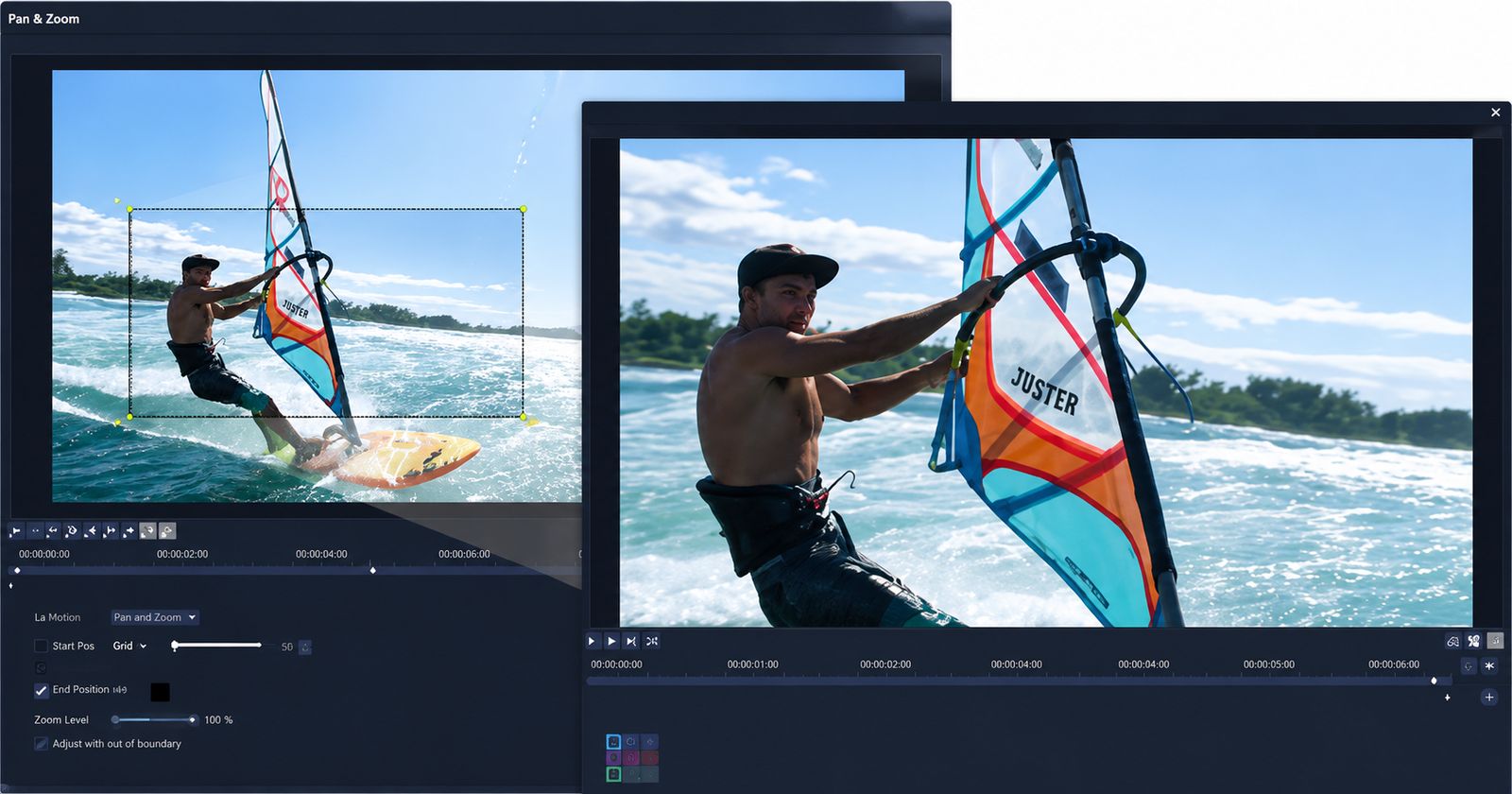Illustrative pan-and-zoom editor with crop frame and timeline keyframes