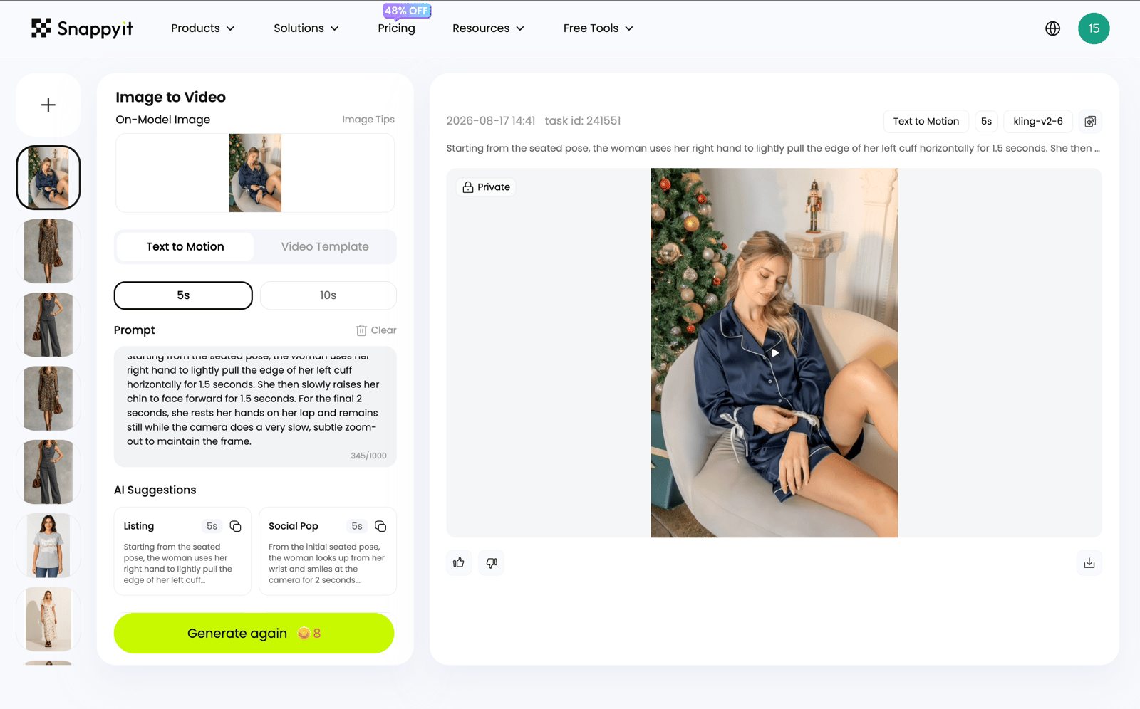 Snappyit workspace with a source photo, motion prompt and 5-second result