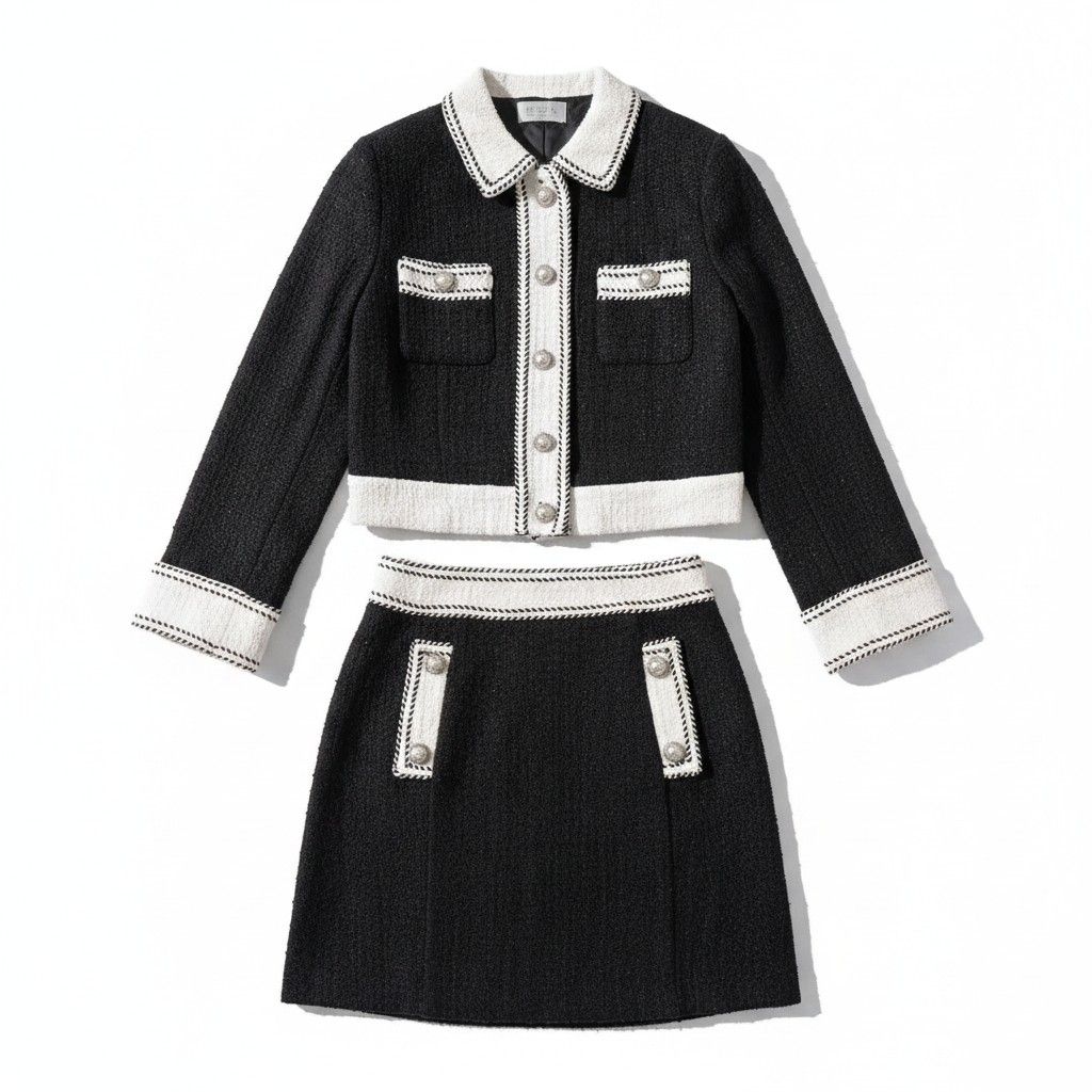 Photoroom Flat Lay output: the tweed jacket and skirt rebuilt as a square white-background catalog flat lay