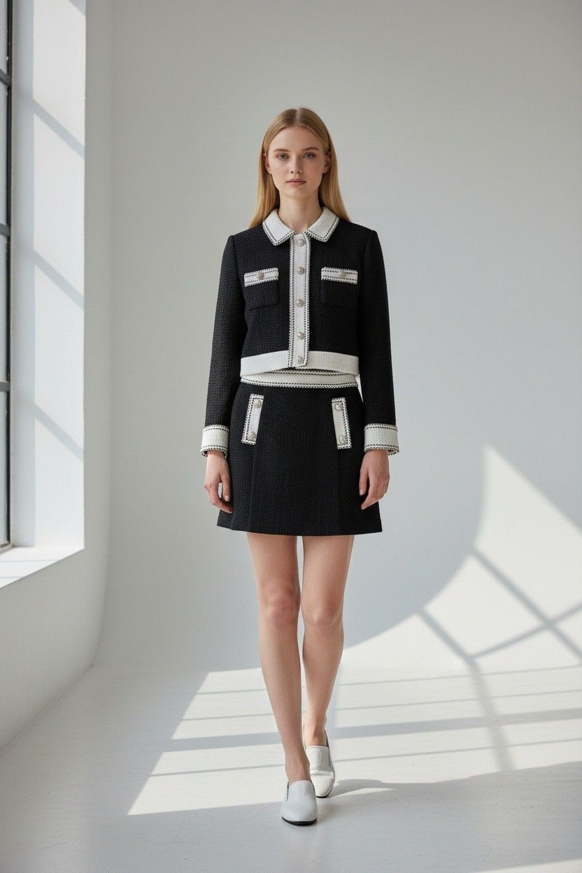 Photoroom AI Fashion Models output: the tweed set worn by the preset model Avery in a white studio
