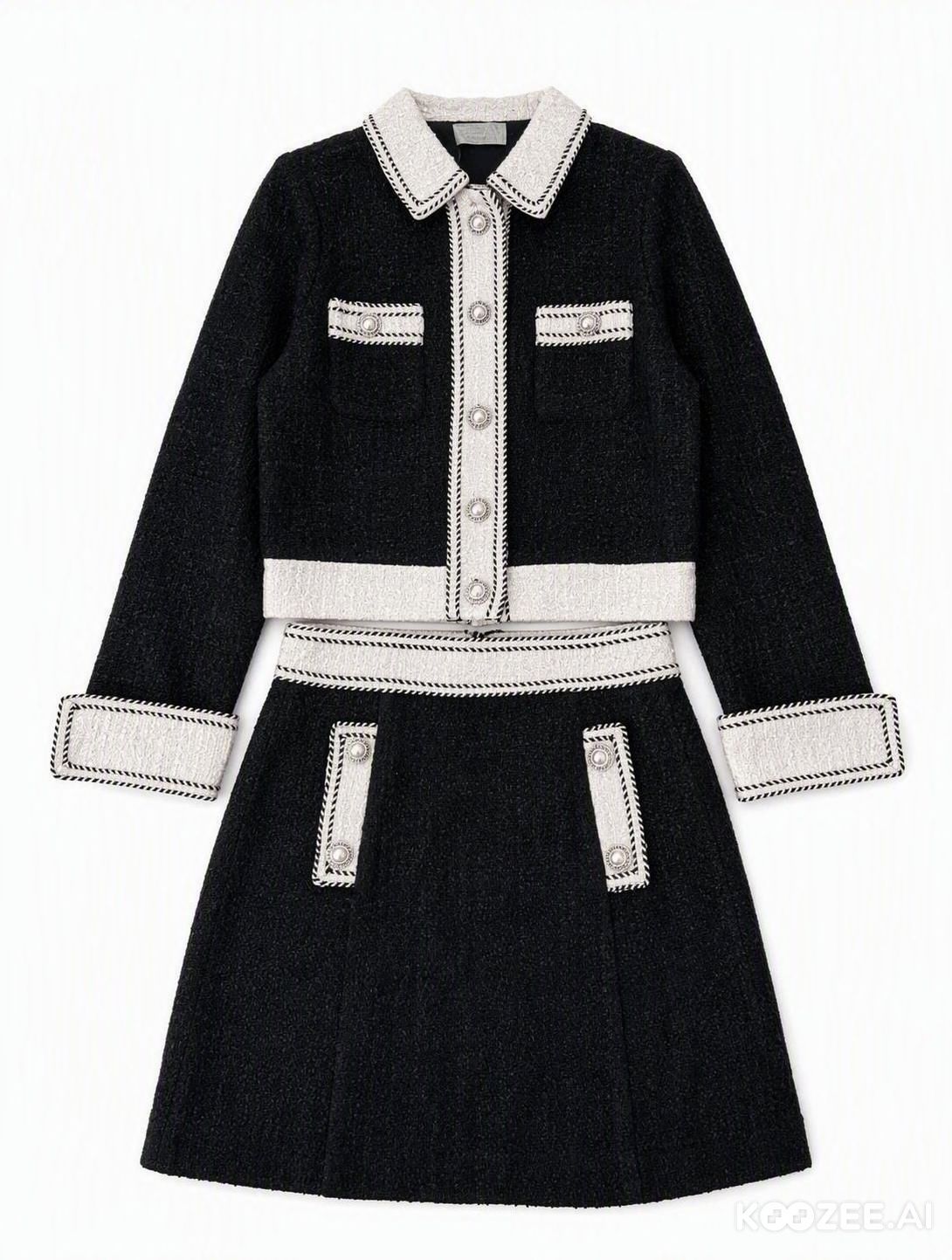 KOOZEE AI flat-lay result showing the black tweed jacket and skirt on a white background
