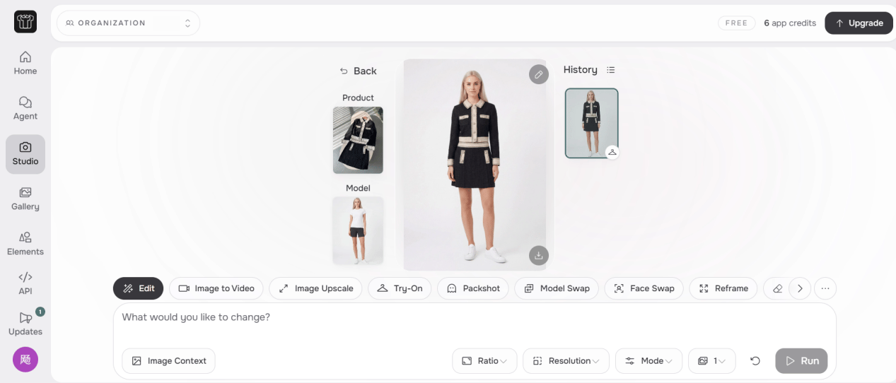 FASHN AI Studio workspace showing the garment input, selected library model and updated on-model result, with the account name removed from the organization field