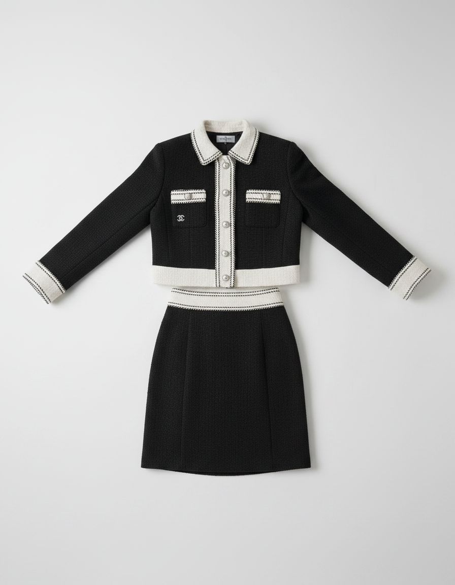 FASHN AI flat-lay result showing a black cropped jacket and skirt separated on a soft white background