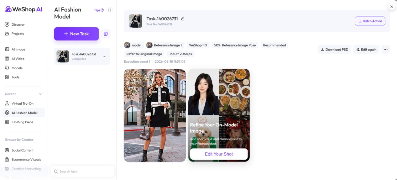 WeShop AI Fashion Model workspace with the reference image and the final refined on-model result replacing the earlier preview