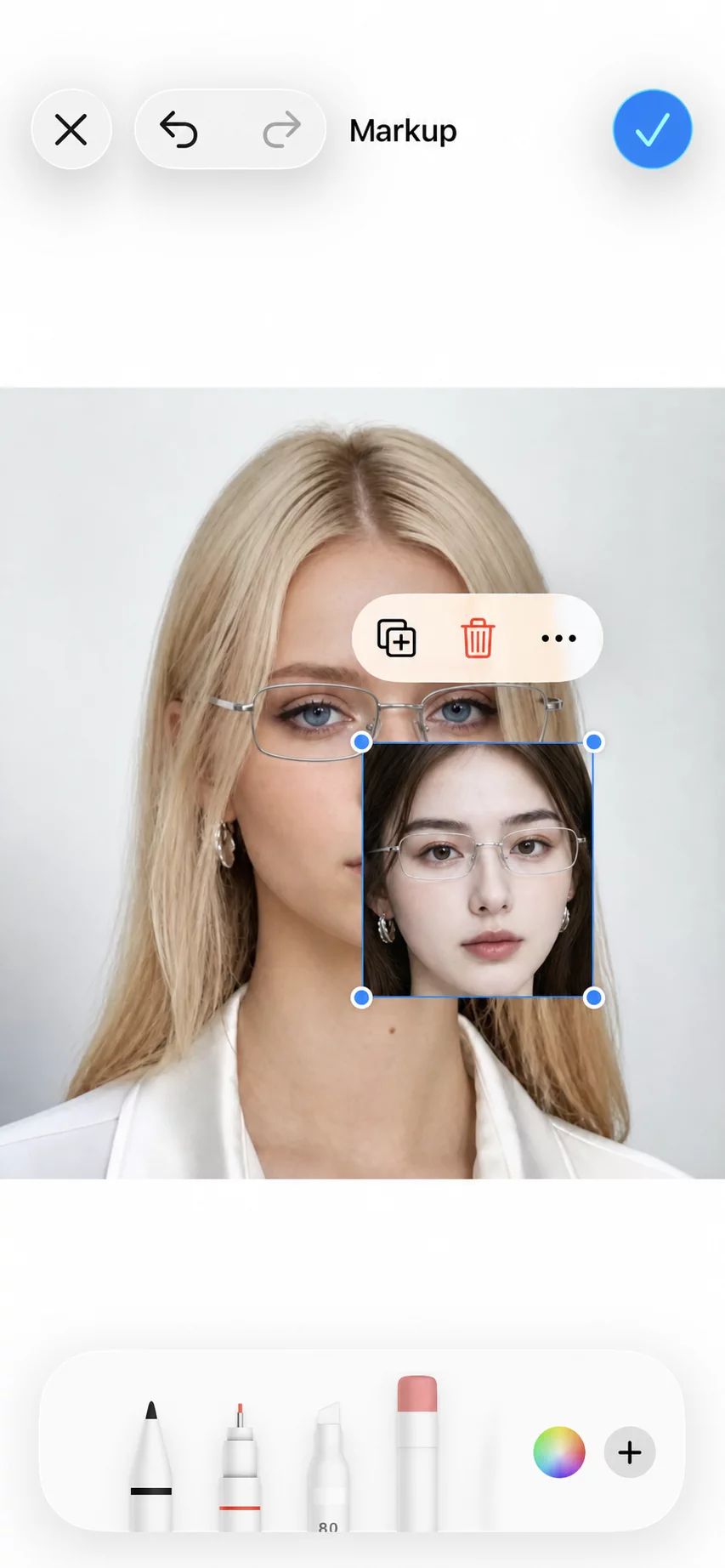 Resize and position the saved face sticker on the target photo