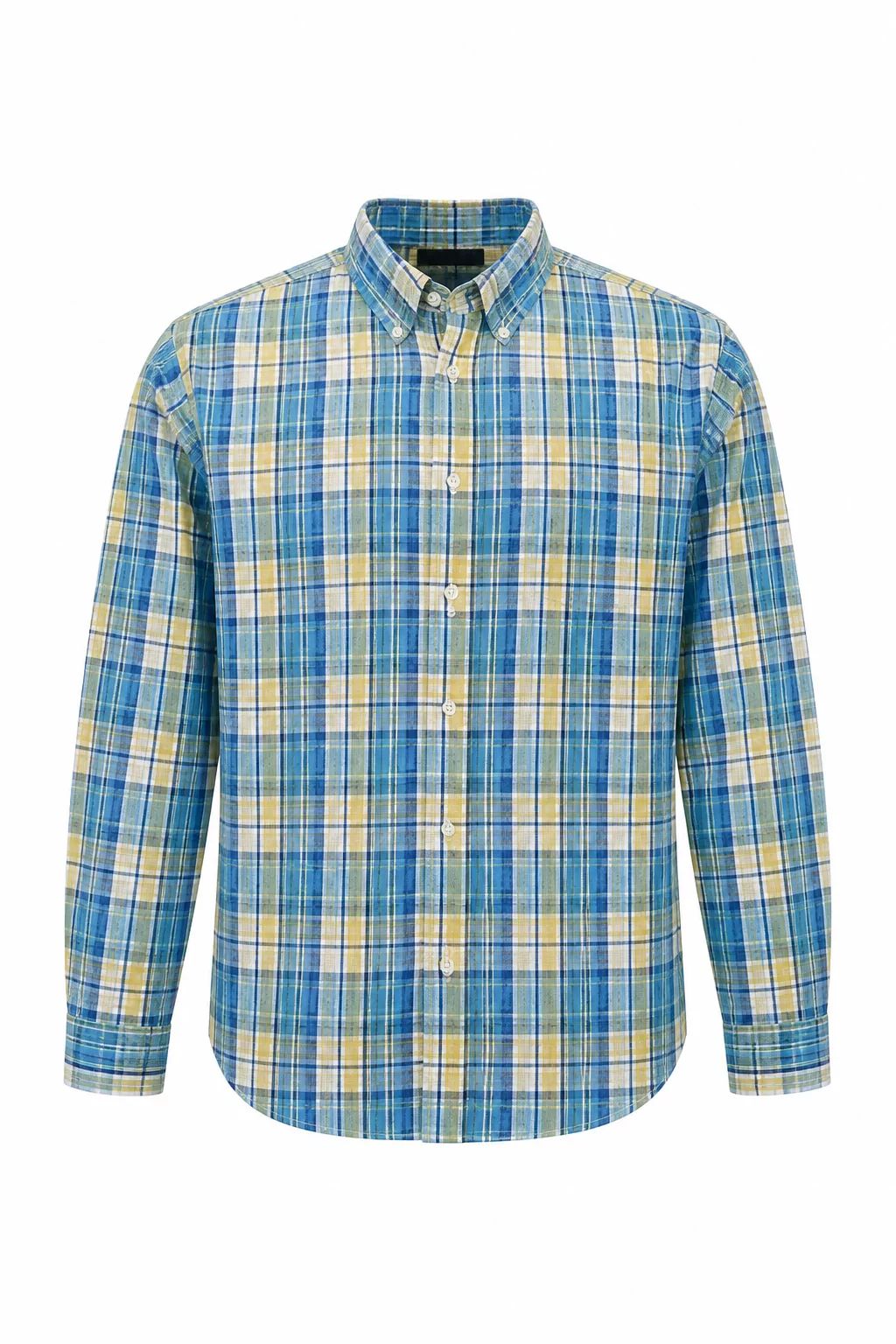 The blue-and-yellow plaid shirt displayed as a ghost mannequin product image
