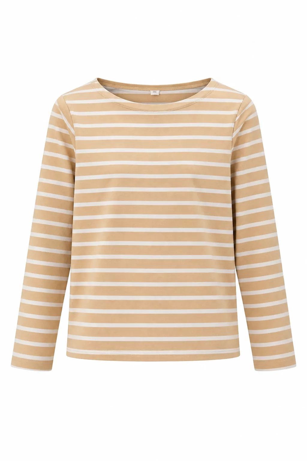 The beige striped top displayed as a ghost mannequin product image