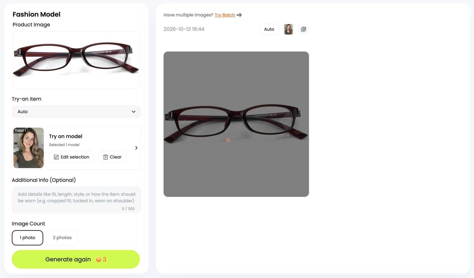 Fashion Model showing glasses Product Image, Auto, one selected portrait and one photo