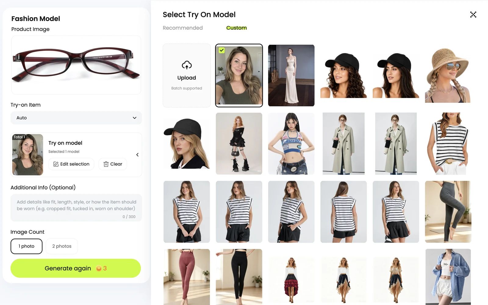 Fashion Model Custom tab showing Upload and a selected face photo