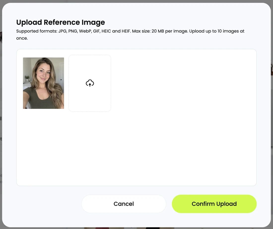 Upload Reference Image dialog with a face photo and Confirm Upload button