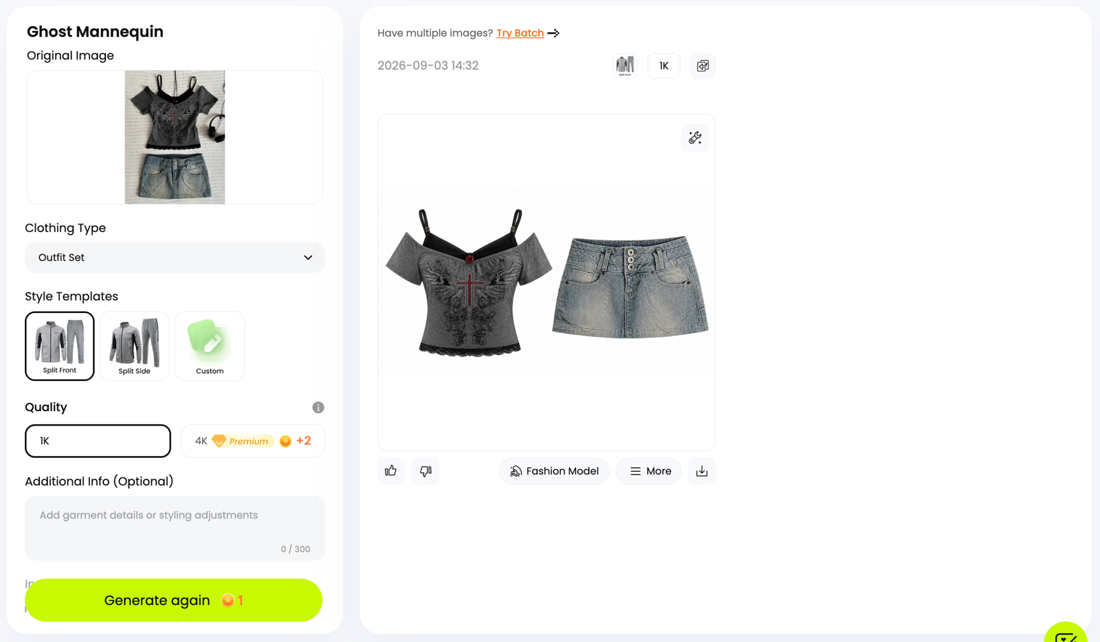 Snappyit Ghost Mannequin web interface showing the original Y2K outfit and generated white-background result