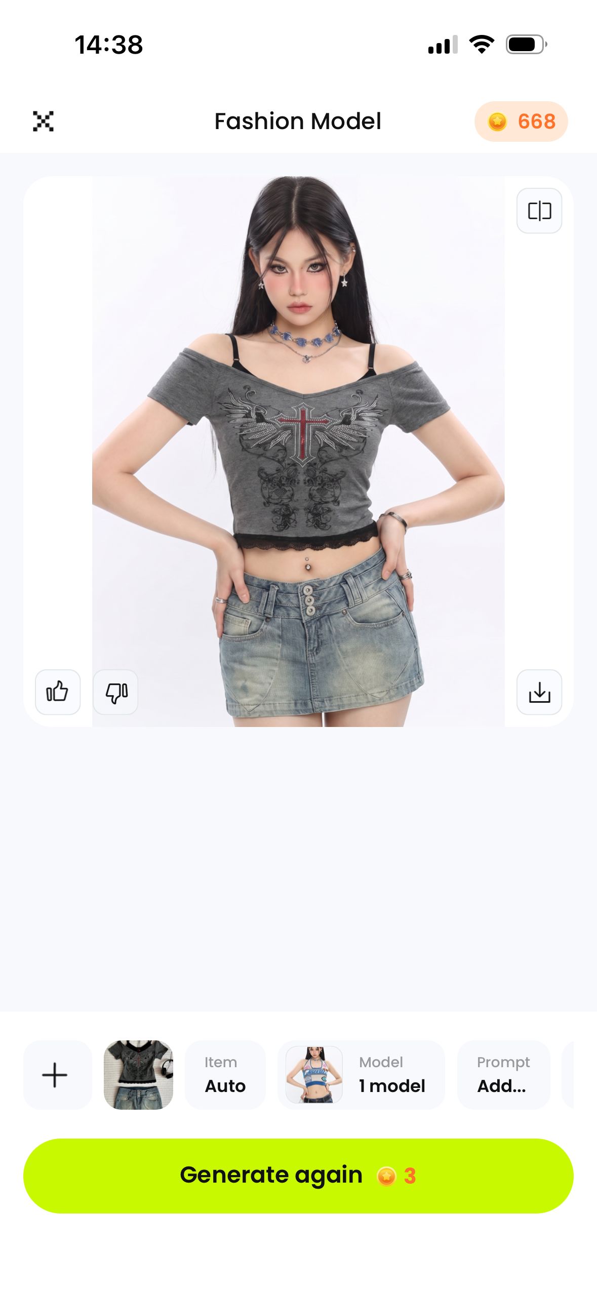 Snappyit iOS Fashion Model screen showing the generated Y2K outfit result