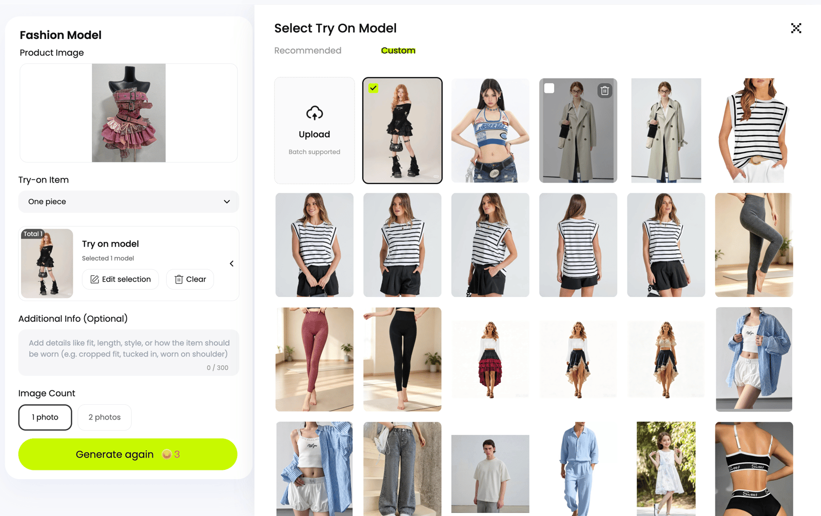 Snappyit Fashion Model web interface showing the Custom upload option and selected red-haired model for the pink Y2K garment
