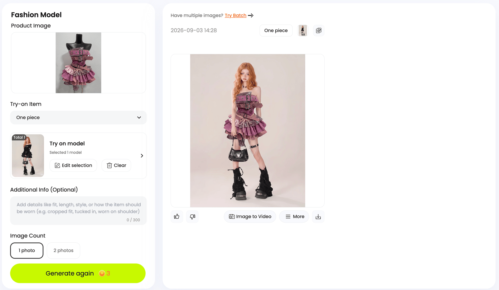 Snappyit Fashion Model web interface with a pink Y2K garment source, selected model, and generated result