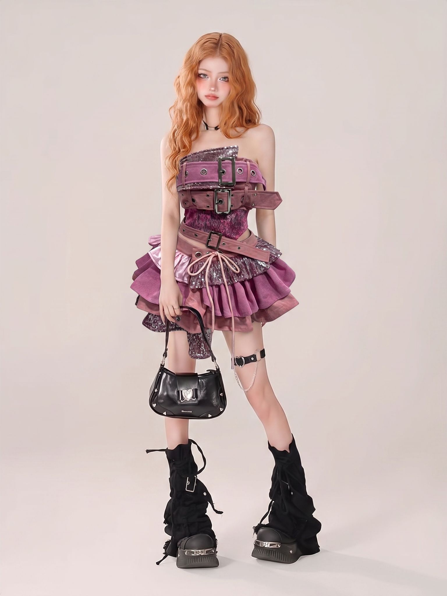 Snappyit Fashion Model result with a model wearing the pink Y2K belt-and-ruffle garment