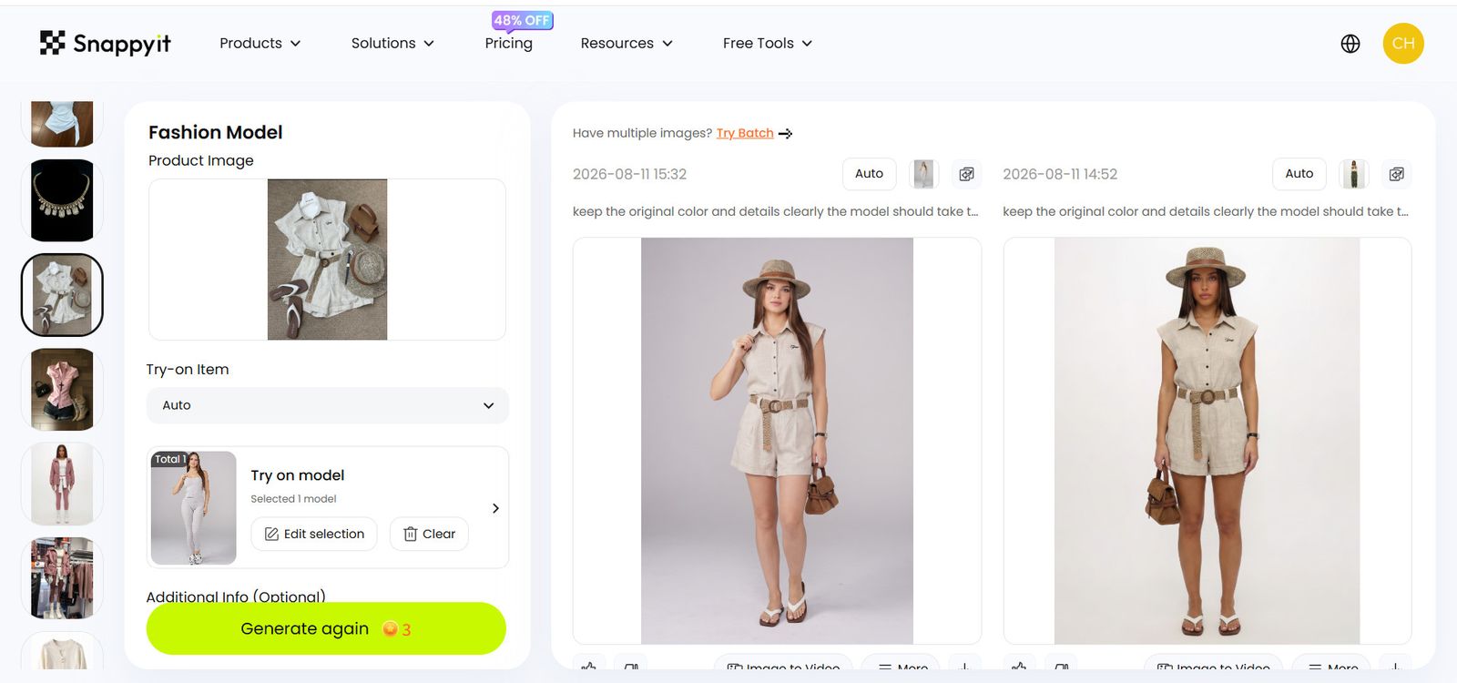 Snappyit Fashion Model workspace showing a three-credit run