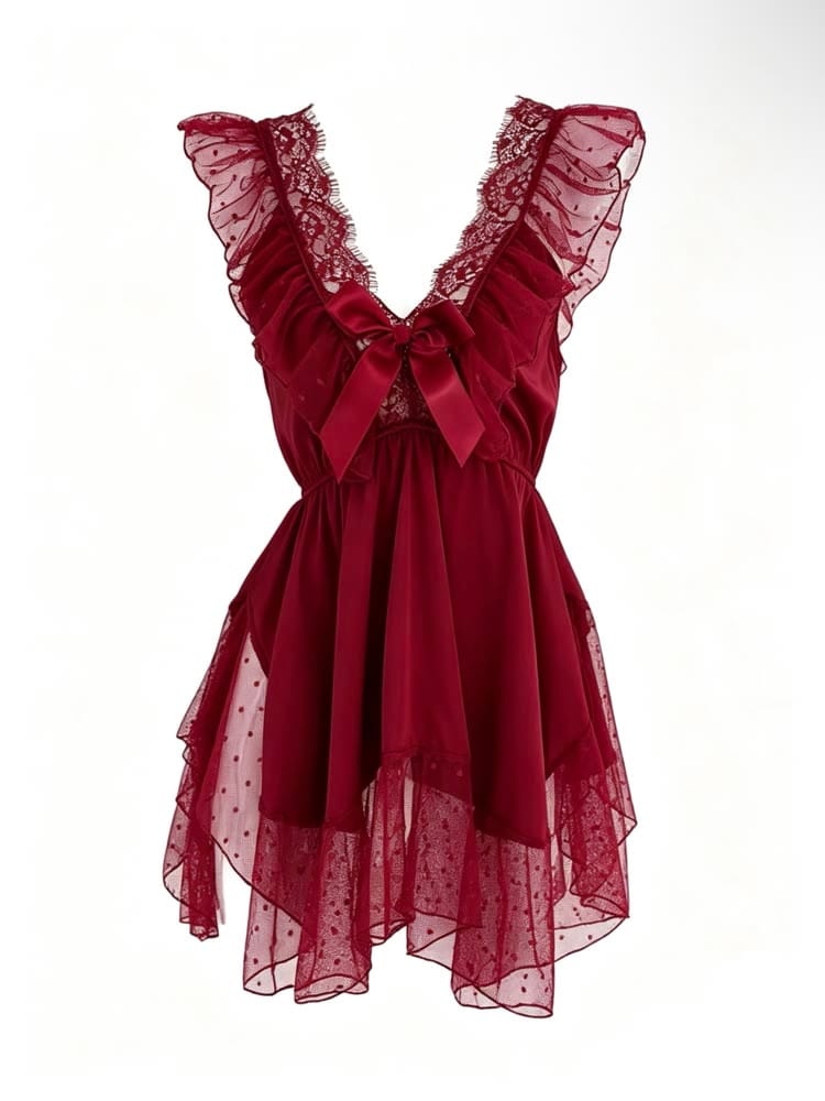Burgundy ruffled dress source photo on white