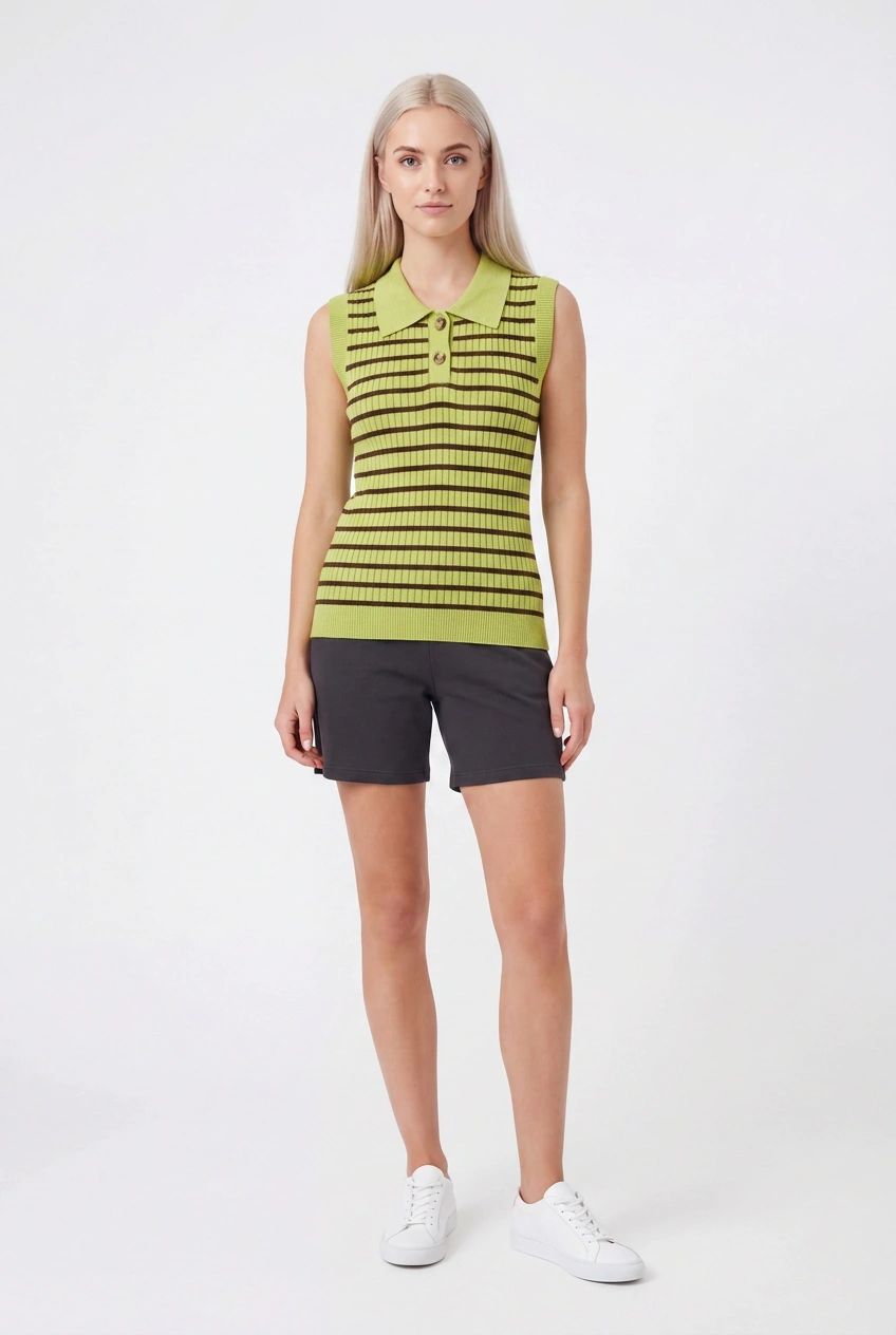 FASHN AI result showing a blonde model in the green striped top and dark shorts on a light studio background