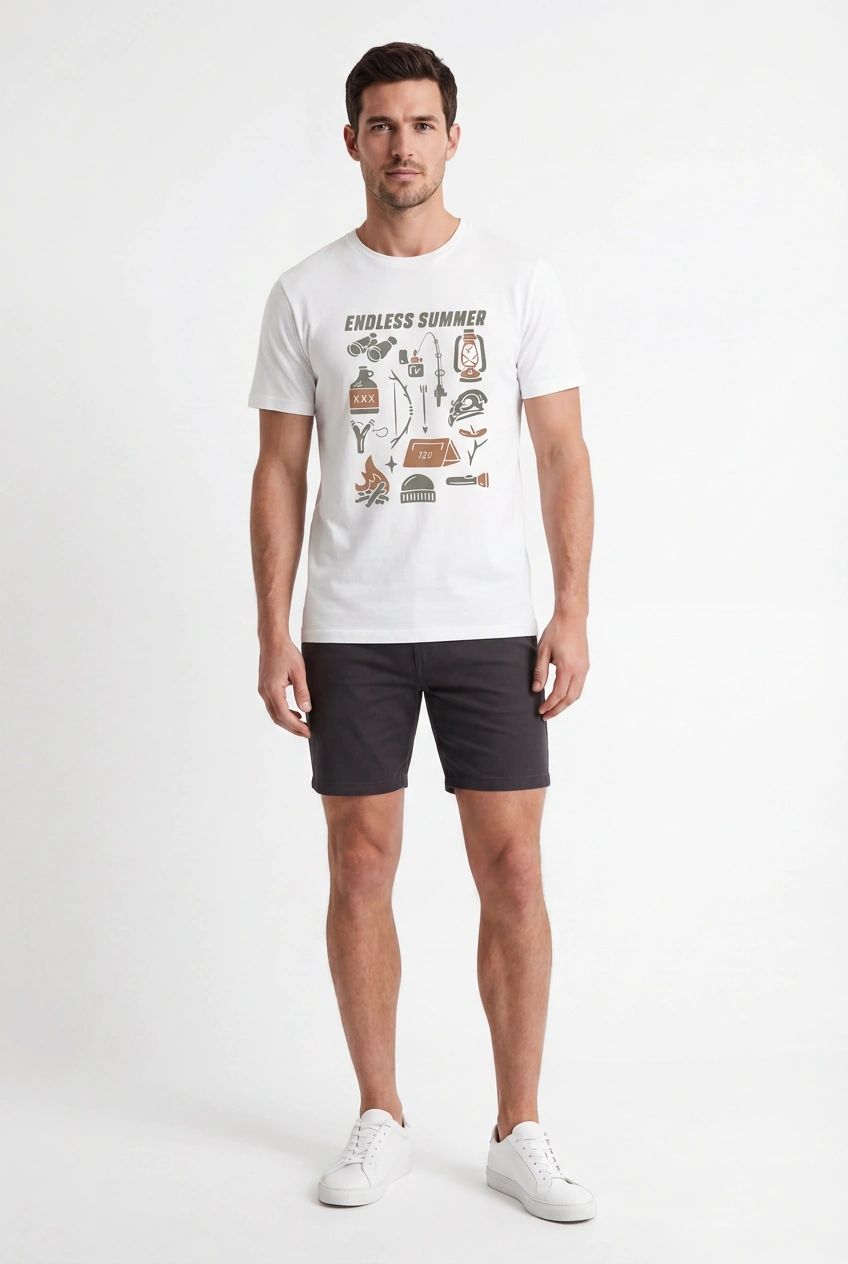 FASHN AI result showing a male model in the printed white T-shirt, dark shorts and white sneakers on a light studio background