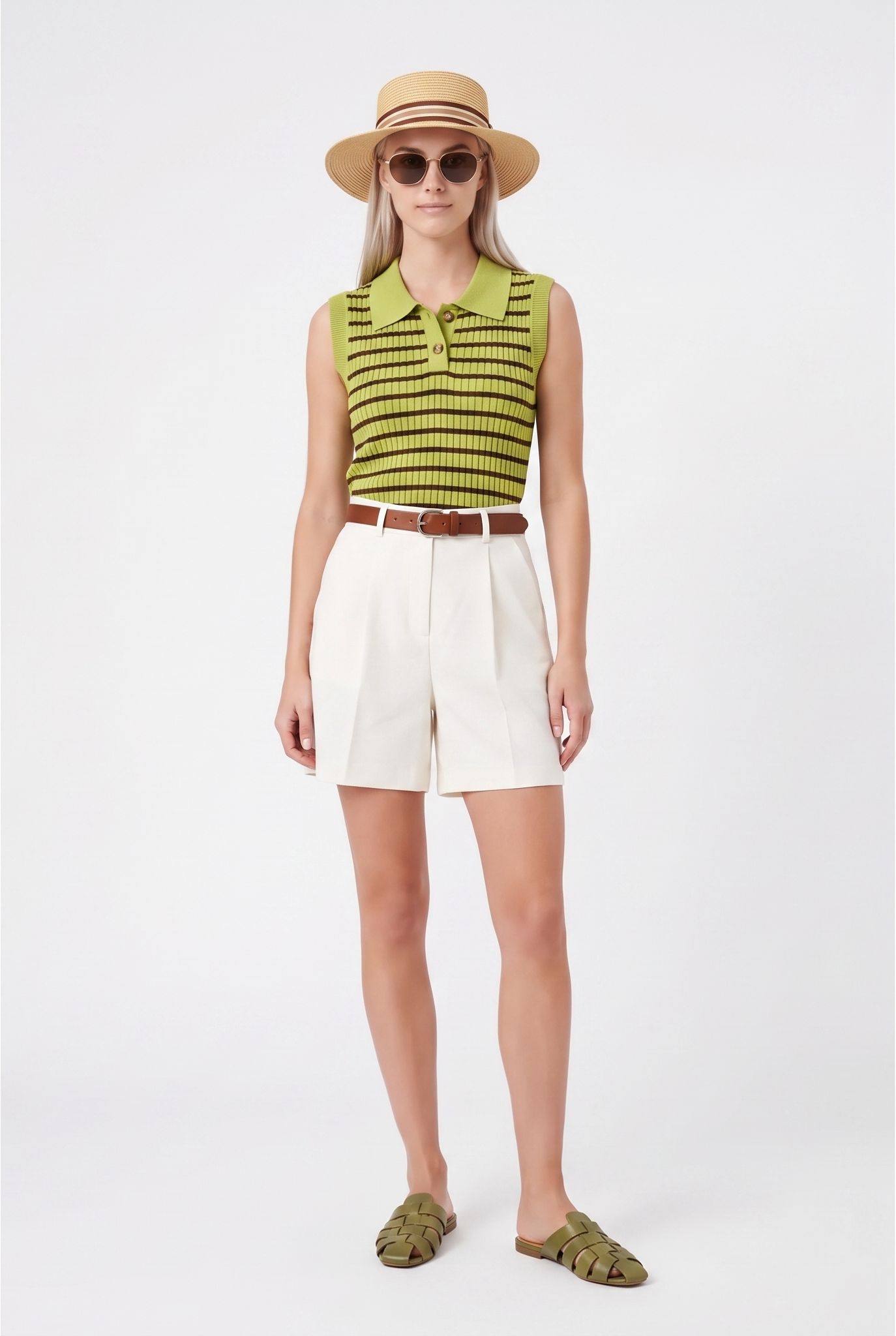 Snappyit result showing a blonde model wearing the submitted green striped top, white shorts, belt, hat, sunglasses and green sandals