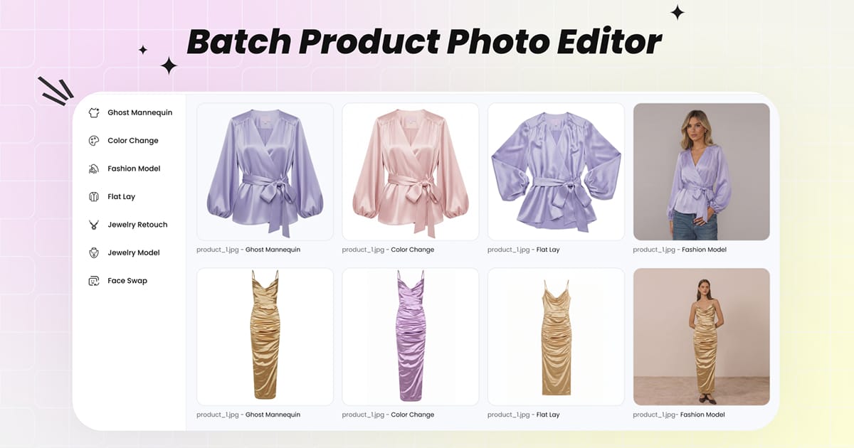 Snappyit Batch Product Photo Editor — a ZMO alternative running Ghost Mannequin, Flat Lay, Color Change, Fashion Model, Jewelry Model and Face Swap across up to 100 product photos at once