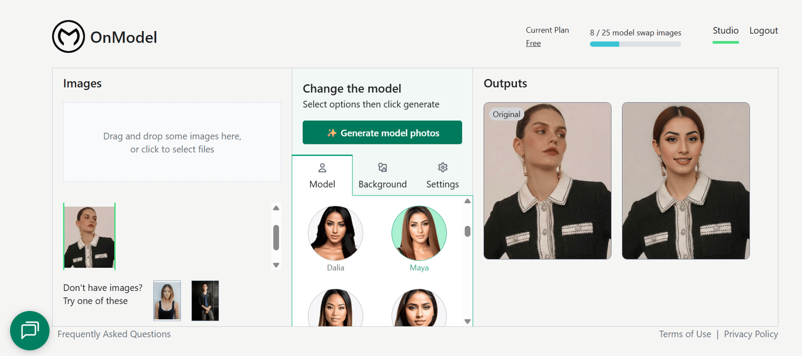 OnModel.ai Studio workbench on the Free plan showing 8 of 25 model swap images used: the source photo in the Images panel, the Change the model panel with Model, Background and Settings tabs over a preset model roster with Maya selected, and the Outputs panel showing the original next to the generated model photo.