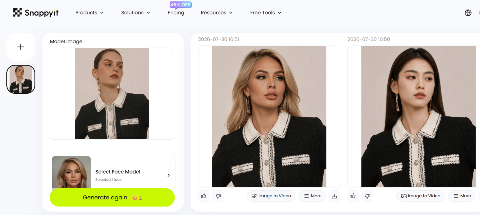 Snappyit Face Swap workbench: the Model Image panel holding the uploaded source photo, the Select Face Model control reading Selected 1 face, the Generate again button priced at 2 credits, and two outputs timestamped 2026-07-30 16:51 and 16:50 with download, image-to-video and rating actions.