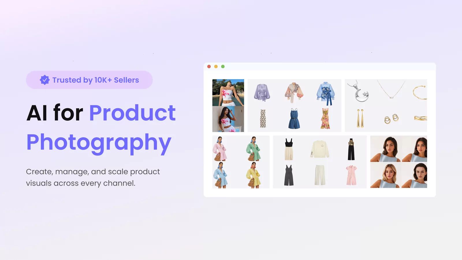 AI product photography workspace showing apparel, jewelry, fashion-model, and catalog image examples