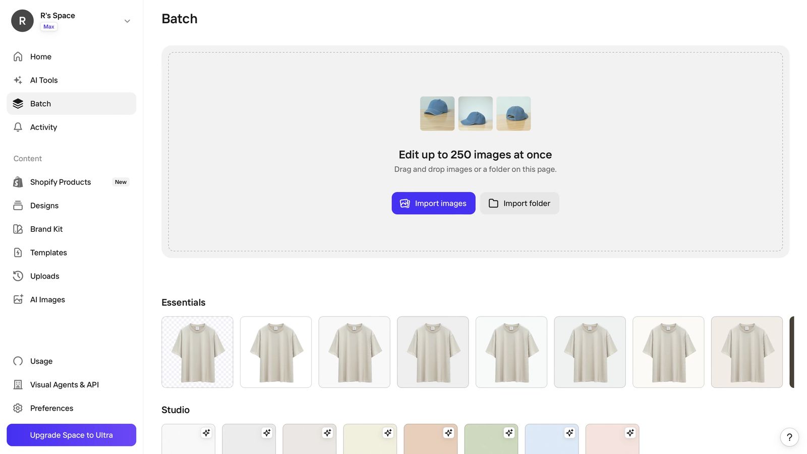Photoroom Batch screen on a Max workspace: a drag-and-drop area headed Edit up to 250 images at once, with Import images and Import folder buttons, above Essentials and Studio background template rows