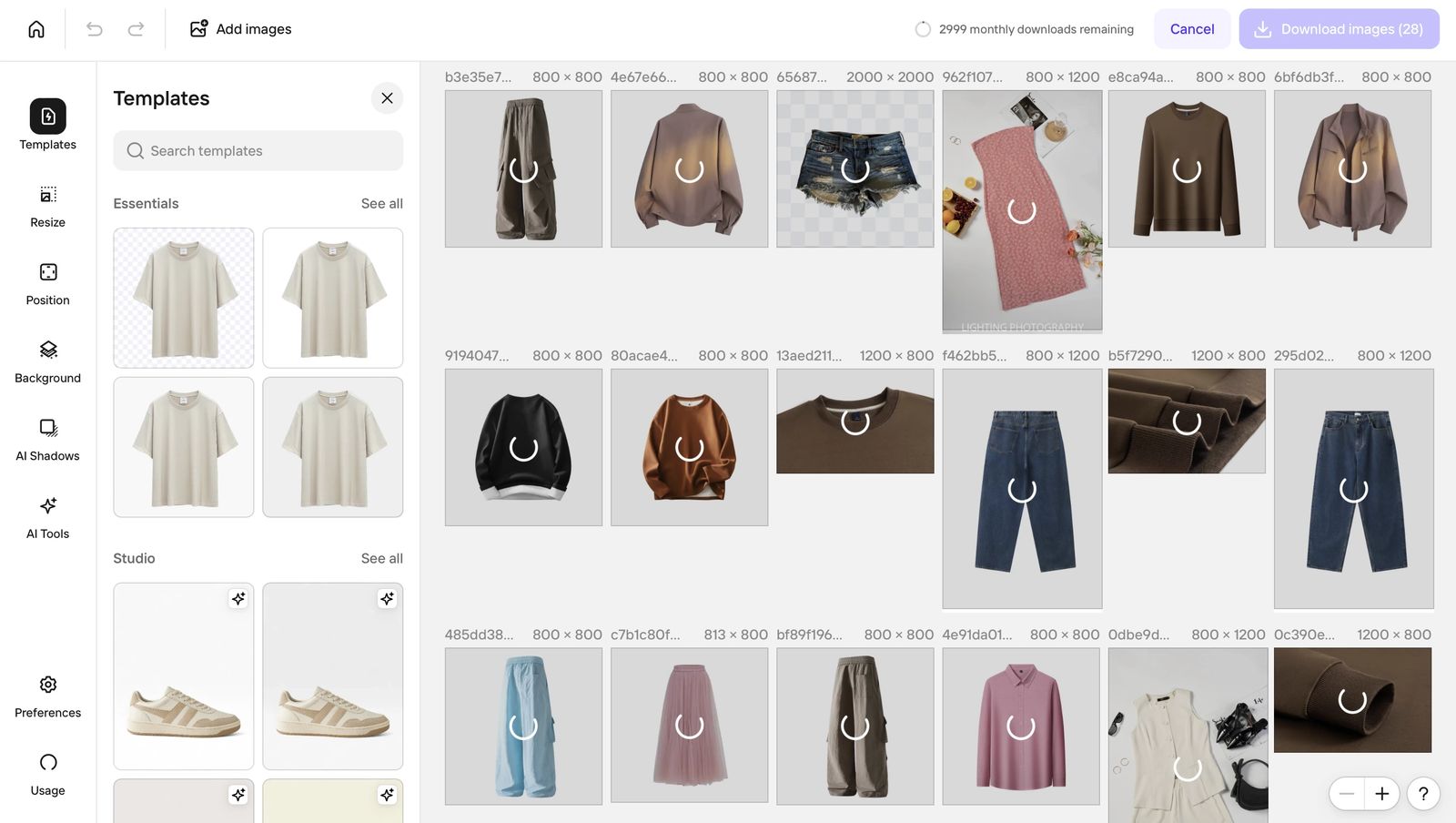 Photoroom batch workspace holding 28 imported garment photos with per-image output dimensions, a Templates panel offering Essentials and Studio presets, a left rail of Resize, Position, Background, AI Shadows and AI Tools, and a Download images (28) button
