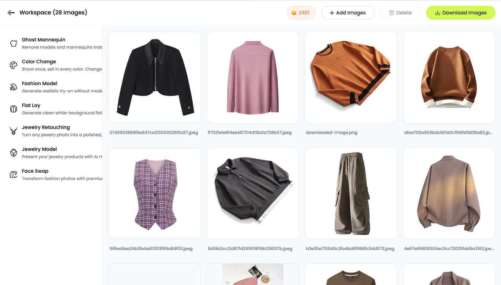 Snappyit workspace holding 28 imported garment photos in a grid, with a sidebar of tools — Ghost Mannequin, Color Change, Fashion Model, Flat Lay, Jewelry Retouching, Jewelry Model and Face Swap — and Add Images, Delete and Download Images controls