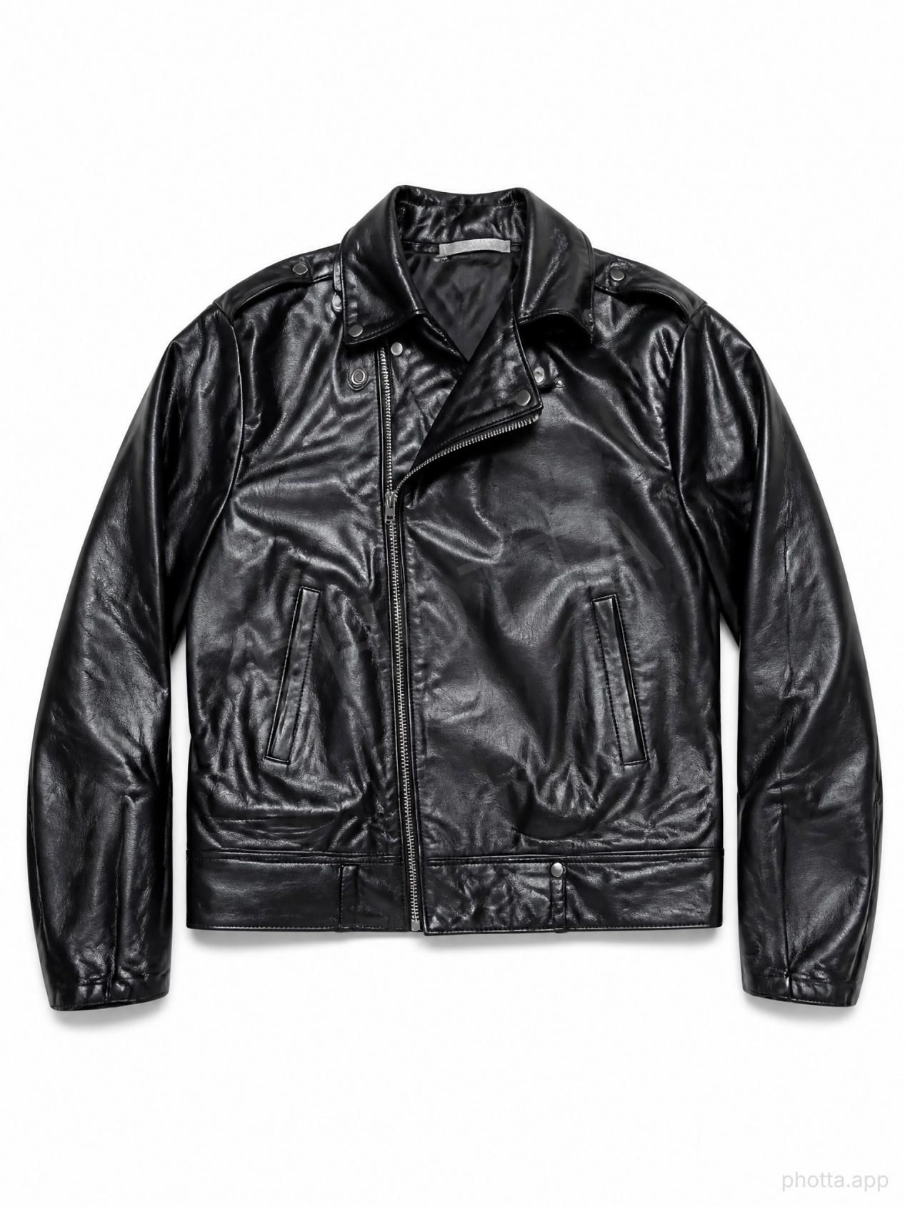 Photta Ghost Mannequin output of the black biker jacket on white with a Photta watermark