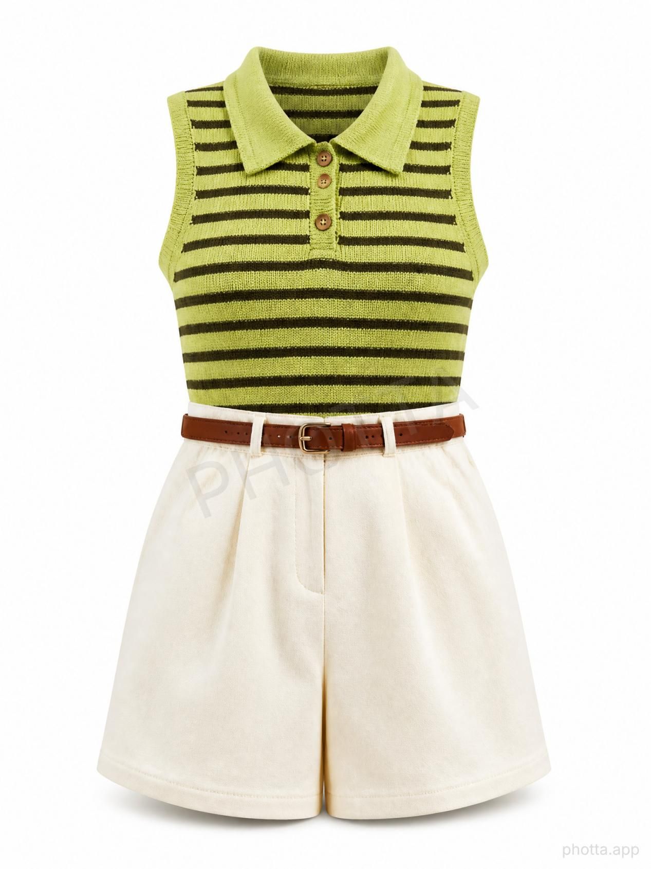 Photta Ghost Mannequin output of the green striped top, white shorts and brown belt on white with a Photta watermark