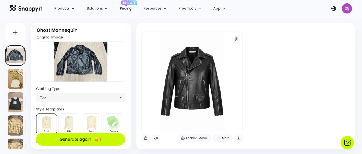 Snappyit Ghost Mannequin workbench with the black biker jacket and front style selected