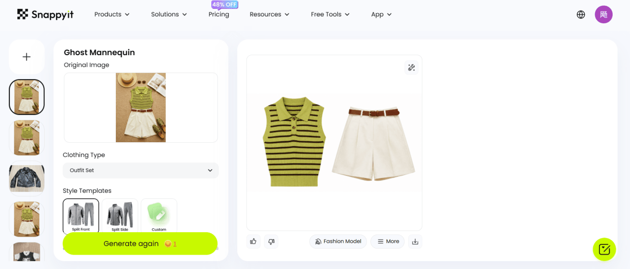Snappyit Ghost Mannequin workbench with the green striped top and white shorts outfit