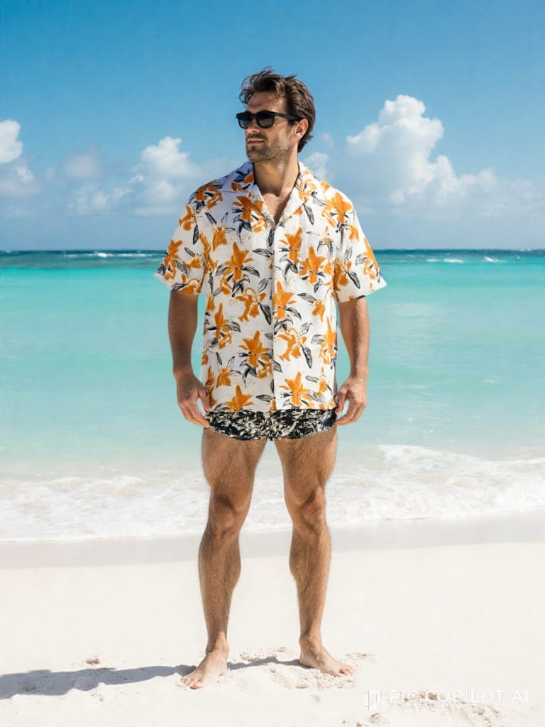 Pic Copilot result &mdash; the lily-print shirt worn open on a model on a beach, full length, watermarked bottom-right