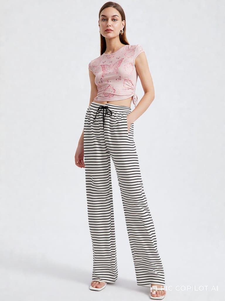 Pic Copilot result &mdash; the striped trousers on a model in a plain studio, full length, with the leg rendered narrower and the ground white rather than cream, watermarked bottom-right